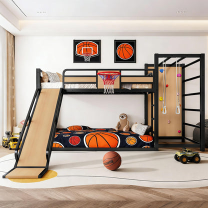 Bellemave Metal Twin Over Twin Bunk Bed Frame with Slide,Twin Size Floor Bunk Bed and Basketball Hoop,Pull-up Rings and Climbing Wall,Heavy Duty Bunk Beds with Bookshelves for Kids Girls Boys,Natural