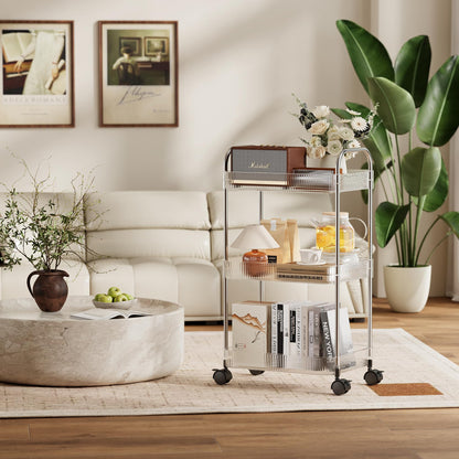 STARLATTA 3 Tier Rolling Cart with Lockable Wheels, Clear Acrylic Utility Trolley with Handle, Heavy-Duty Storage Organizer for Kitchen Bathroom Nursery Laundry - Snack Book Craft Organizer (Clear)
