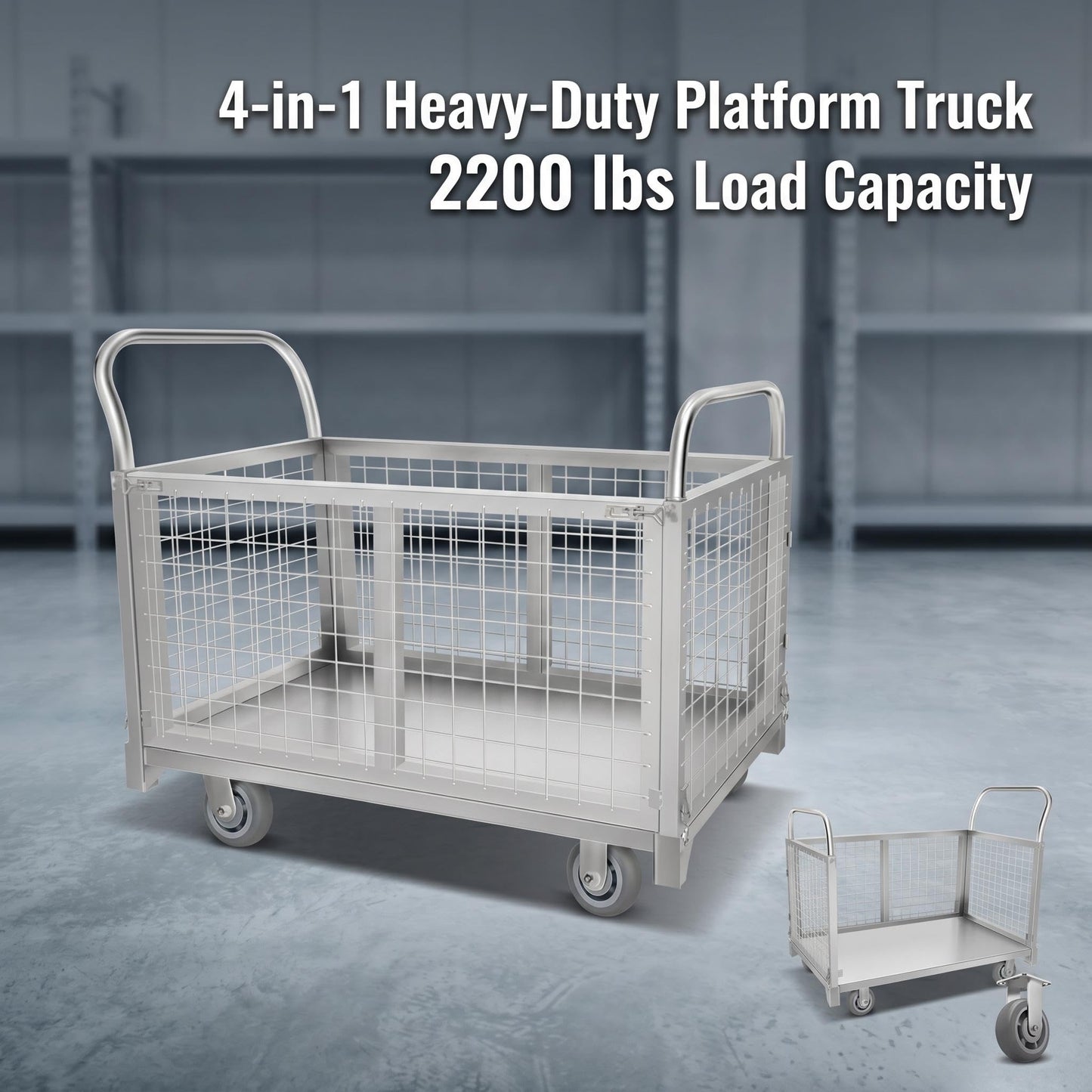 4-in-1 Rolling carts with cage, Multi-Purpose Heavy-Duty Duty cart, 2200-pound Capacity, Folding cart with 5-inch Wheels, for Groceries, Garage, Warehouse (39.4 inches Long x 23.6 inches Wide)