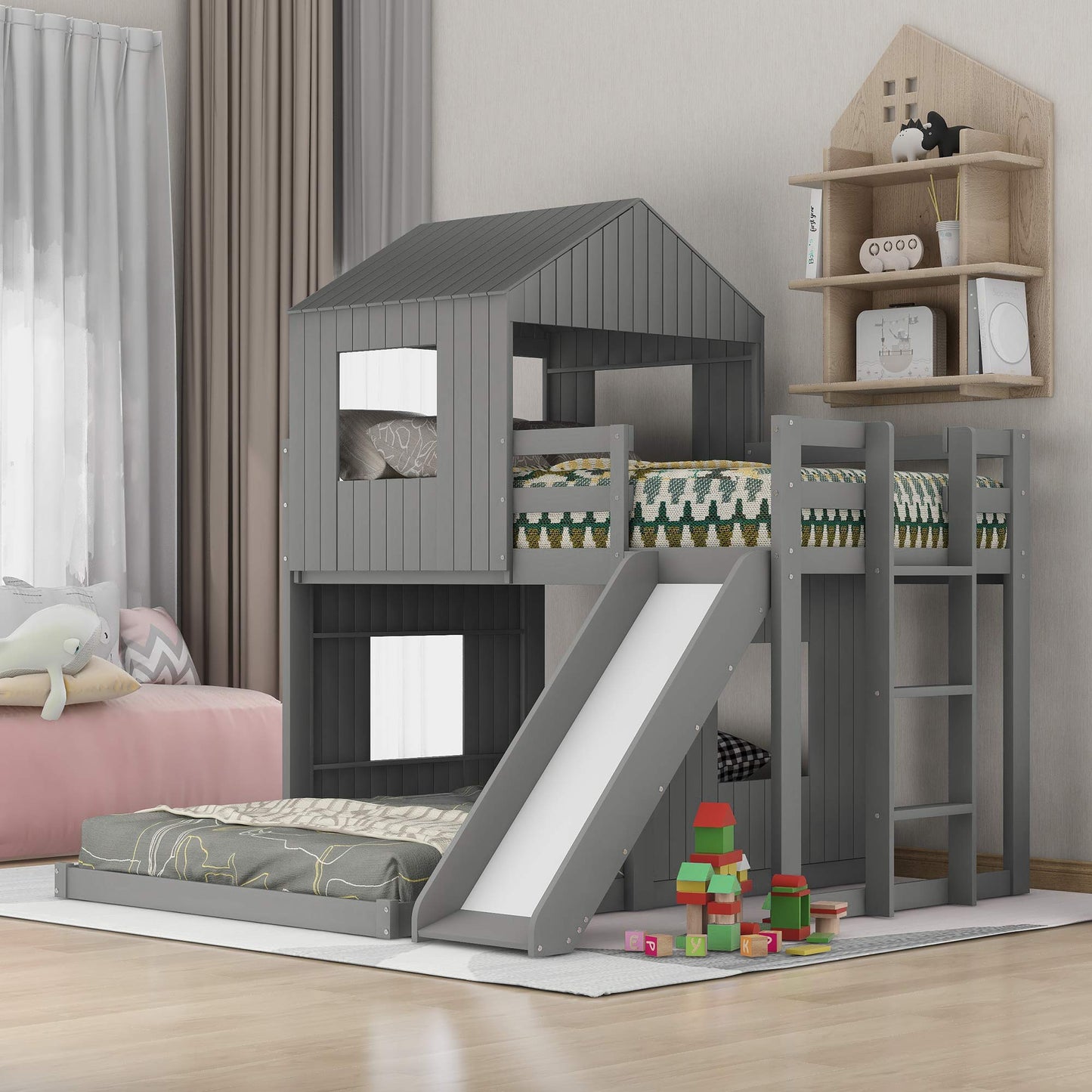 Twin Over Full Bunk Bed Frames with Slide, Safety Guardrails and Ladder for Teens, Girl or Boys, House Shape, Gray