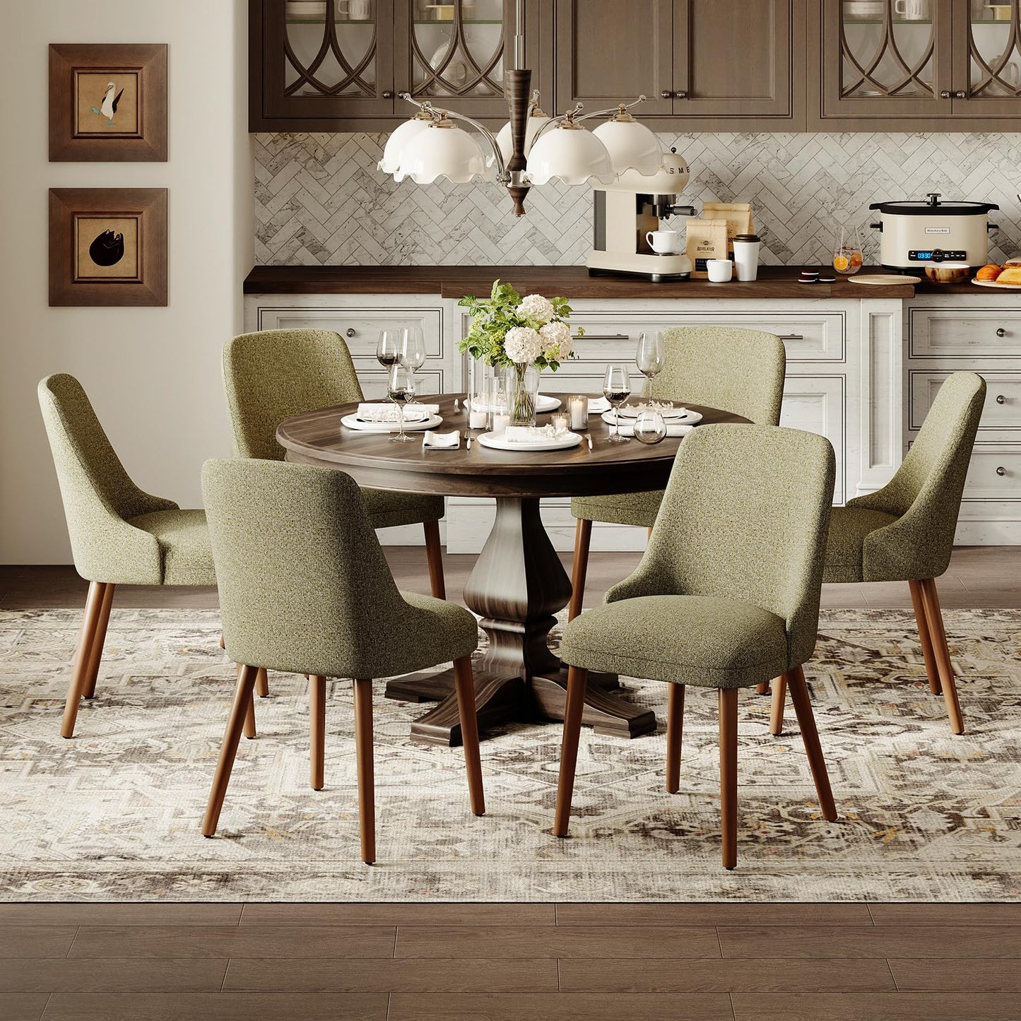 MALOL Upholstered Dining Chairs Set of 6, High-Back Dining Room Chair with Wood Legs, Padded Kitchen Chairs for Dining Room/Restaurant/Cafe, Green