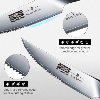 HOSHANHO Steak Knives Set of 6 with Block, 4.5 Inch Serrated Steak Knife Set, Japanese High Carbon Steel Kitchen Steak Knives with Ergonomic Handle