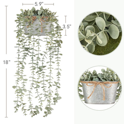 Mkono Fake Hanging Plants in Farmhouse Galvanized Pots Rustic Faux Potted Eucalyptus Greenery Indoor Artificial Plants for Book Shelf Mantel Living Room Bathroom Bedroom Home Office Decor (1, Grey)