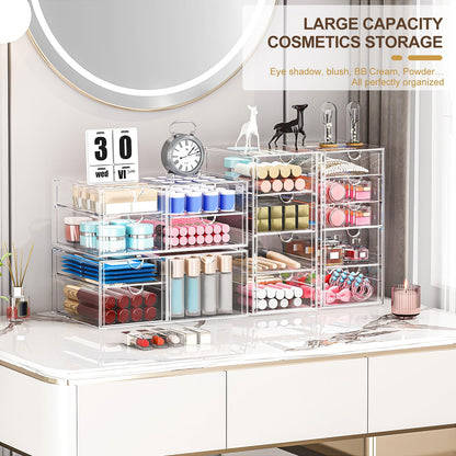 caktraie Makeup Organizer Storage With 16 Drawers, 4 Pcs Desktop Office Supplies, Desk Organizers, Clear Accessories, Dustproof Storage Drawer and for Make Up, Jewelry, Pen, Stationary