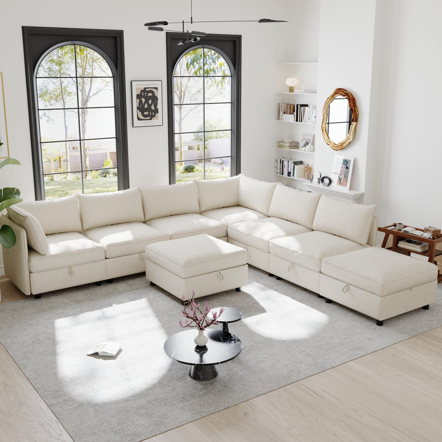 129-Inch Oversized 8 Seat Modular Cloud Sofa Deep Seat Storage Sectional Sofa Couch Free Combination W/Movable Ottomans,L/U Shaped Chenille Upholstered Convertible Sleeper Couch for Home Apartment