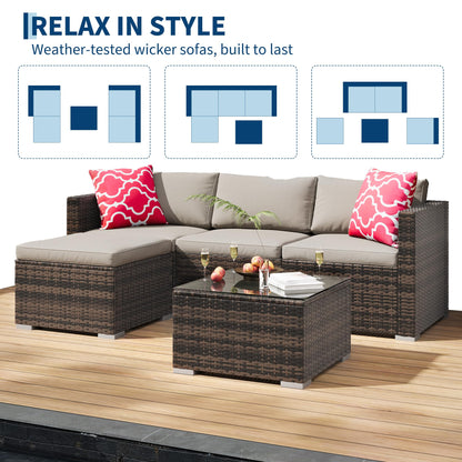 GAOMON 5-Piece All-Weather Patio Furniture Set, Convertible Outdoor Sectional Sofa with Ottoman & Tempered Glass Table, PE Rattan Conversation Set for Garden, Backyard, Porch, Poolside