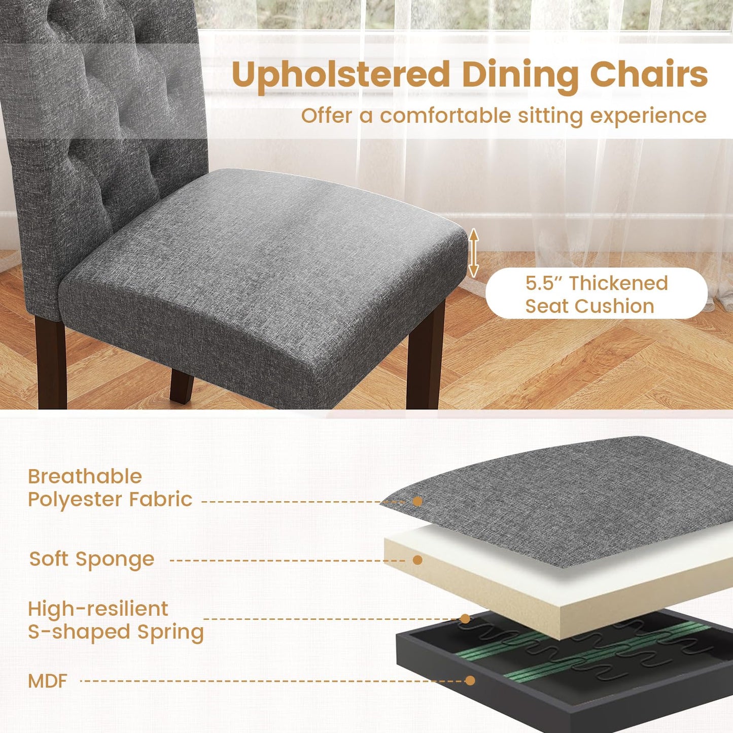 NAFORT Fabric Dining Chairs, Classic High Back Kitchen Living Room Chairs with Solid Rubber Wood Legs, Upholstered Padded Parsons Chair Set of 6, for Dining Room, Kitchen, Living Room, Grey