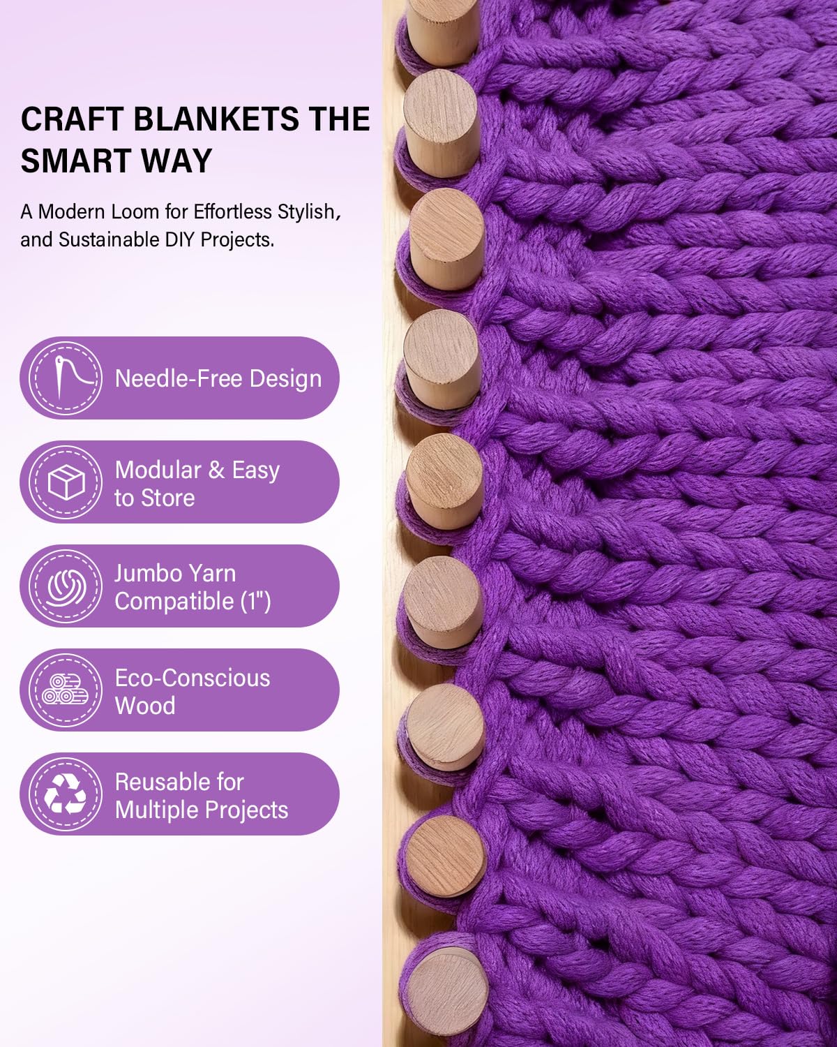Teyeto Adjustable Chunky Blanket Looms Kit - DIY Wooden Knitting Board for Hand Woven Throws. All-in-One Weaving Starter Set with Plush Yarn, Snag-Free Pegs & Instructions for Beginners