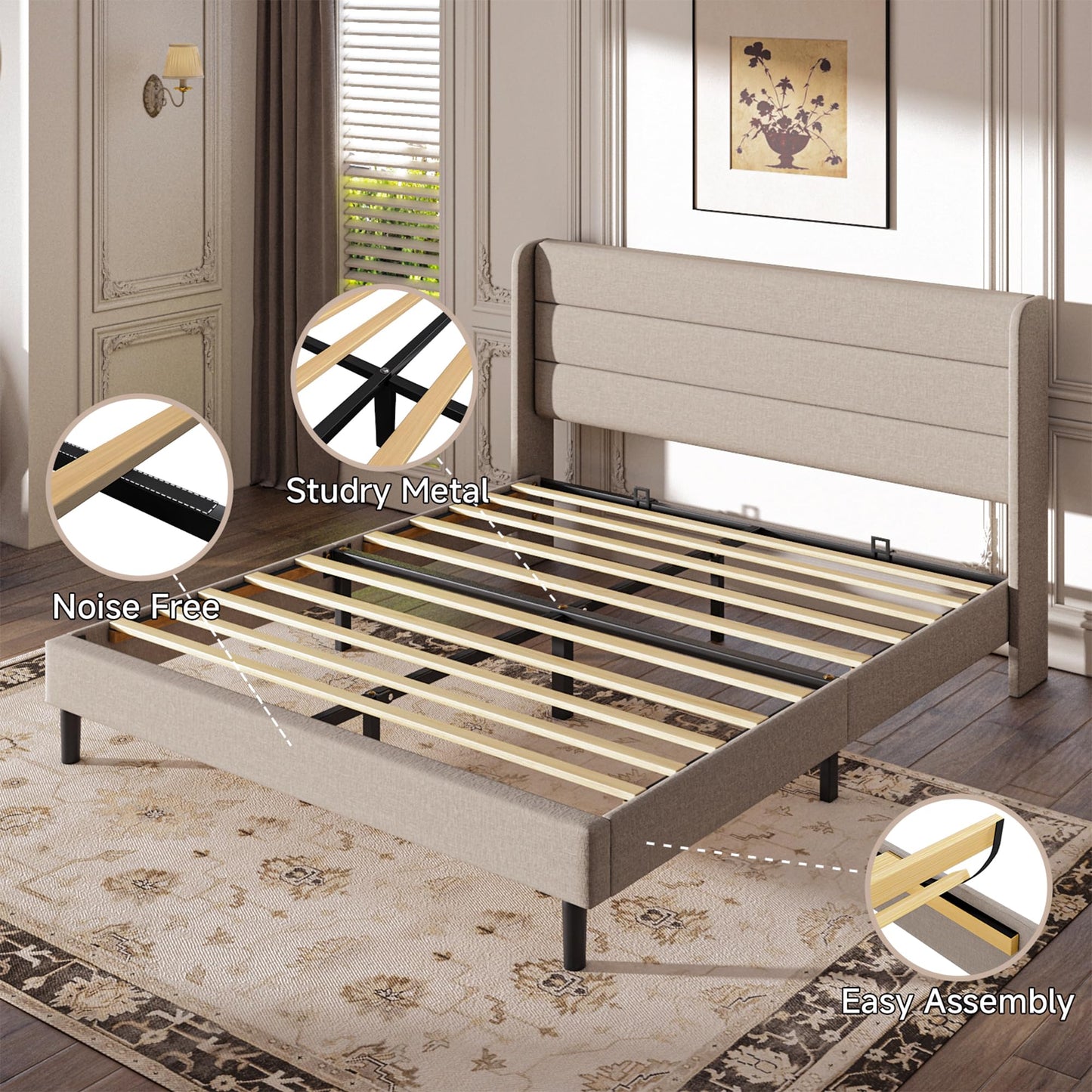 Mxhtcewz Full Size Upholstered Platform Bed Frame, Modern Linen Fabric Bed with Wingback Headboard, Sturdy No Wobble, Noise-Free & Easy Assembly, No Box Spring Needed, Beige