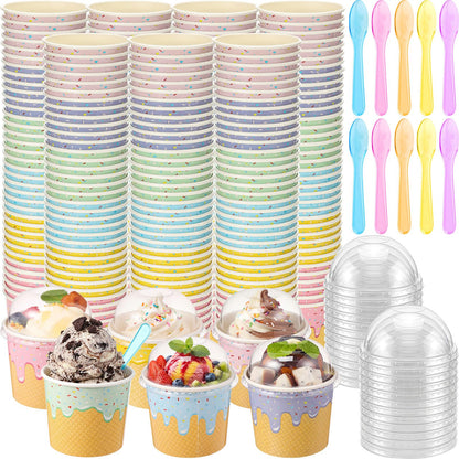 Jingmore 240 Set 4oz Ice Cream Paper Cups with Lids and Spoons, Disposable Sundae Bowls, Dessert Cups for Birthday Party Supplies, Paper Ice Cream Bowls Bulk for Yogurt, Snacks