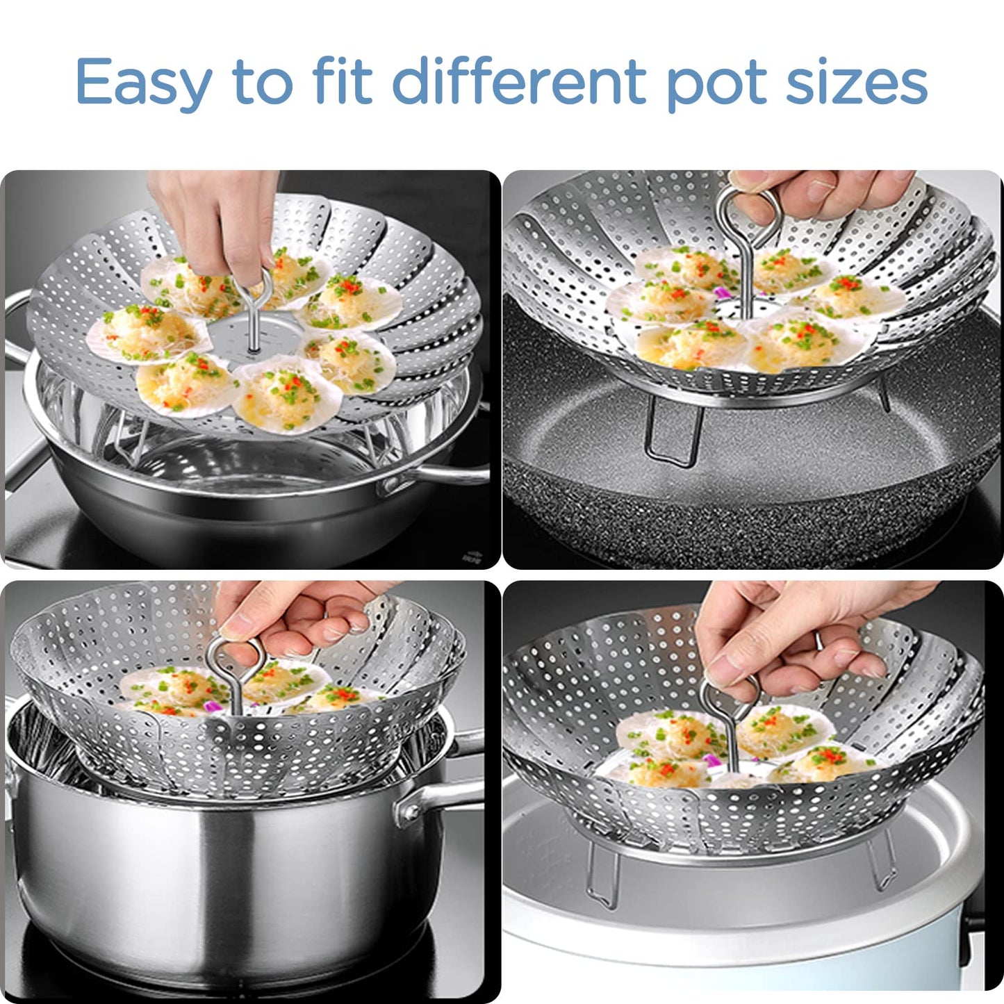 Yubng 304 Stainless Steel Vegetable Steamer Basket, Expandable Insert for Cooking, Fits 6.4 to 10.2 Inch Pots, Includes 7.3 Inch Kitchen Tongs