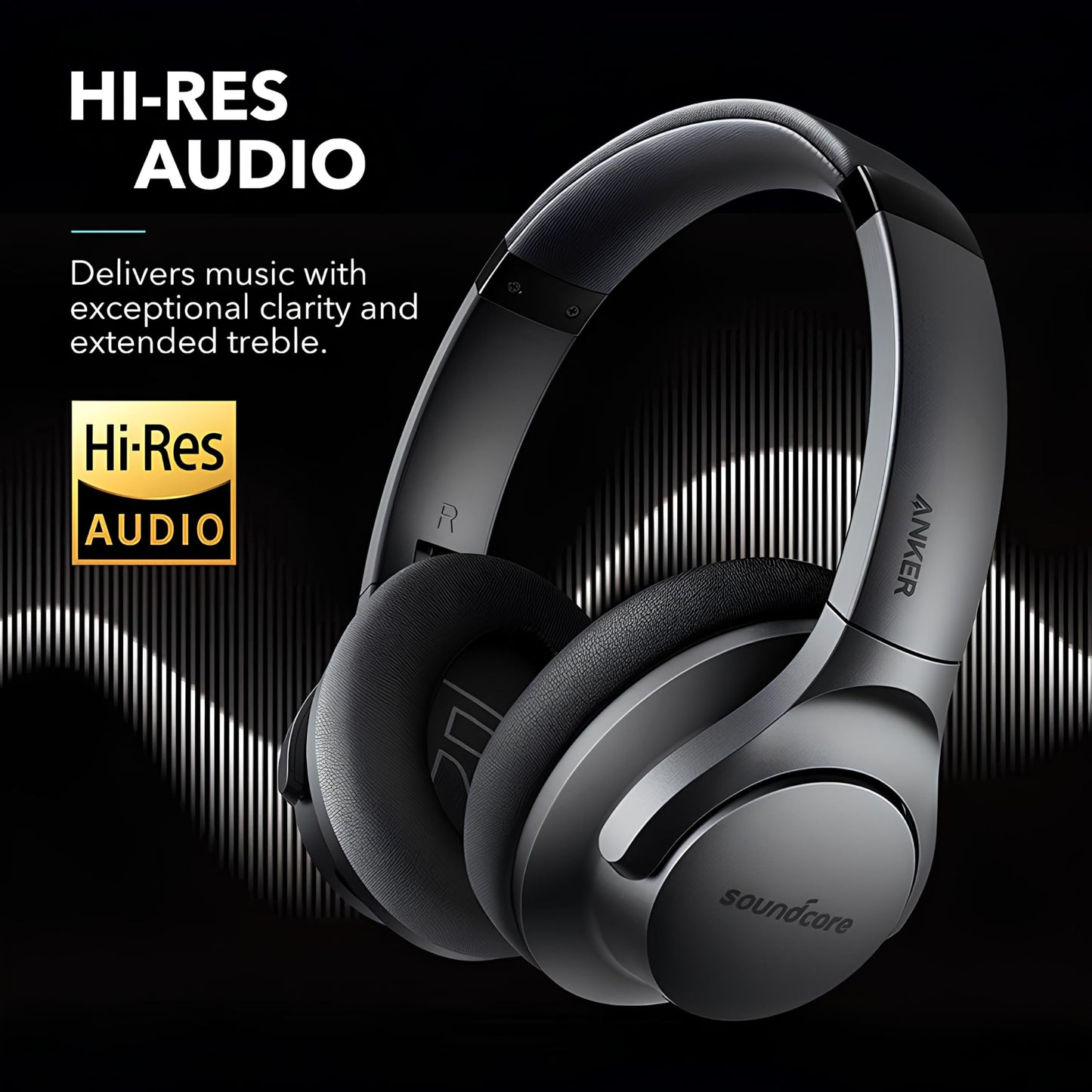 Soundcore Anker Life Q20 Hybrid Active Noise Cancelling Headphones, Wireless Over Ear Bluetooth Headphones, 60H Playtime, Hi-Res Audio, Deep Bass, Foam Ear Cups, Travel, Office, USB-C Charging