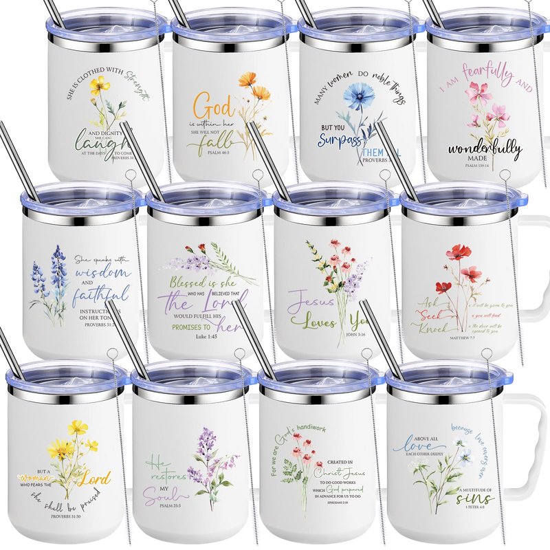 Nitial 12 Pcs 17 oz Christian Coffee Mugs with Lid and Straw Religious Bible Verse Christian Gifts Insulated Inspirational Bible Affirmations Tumbler for Women Friend Men (White,Flower)