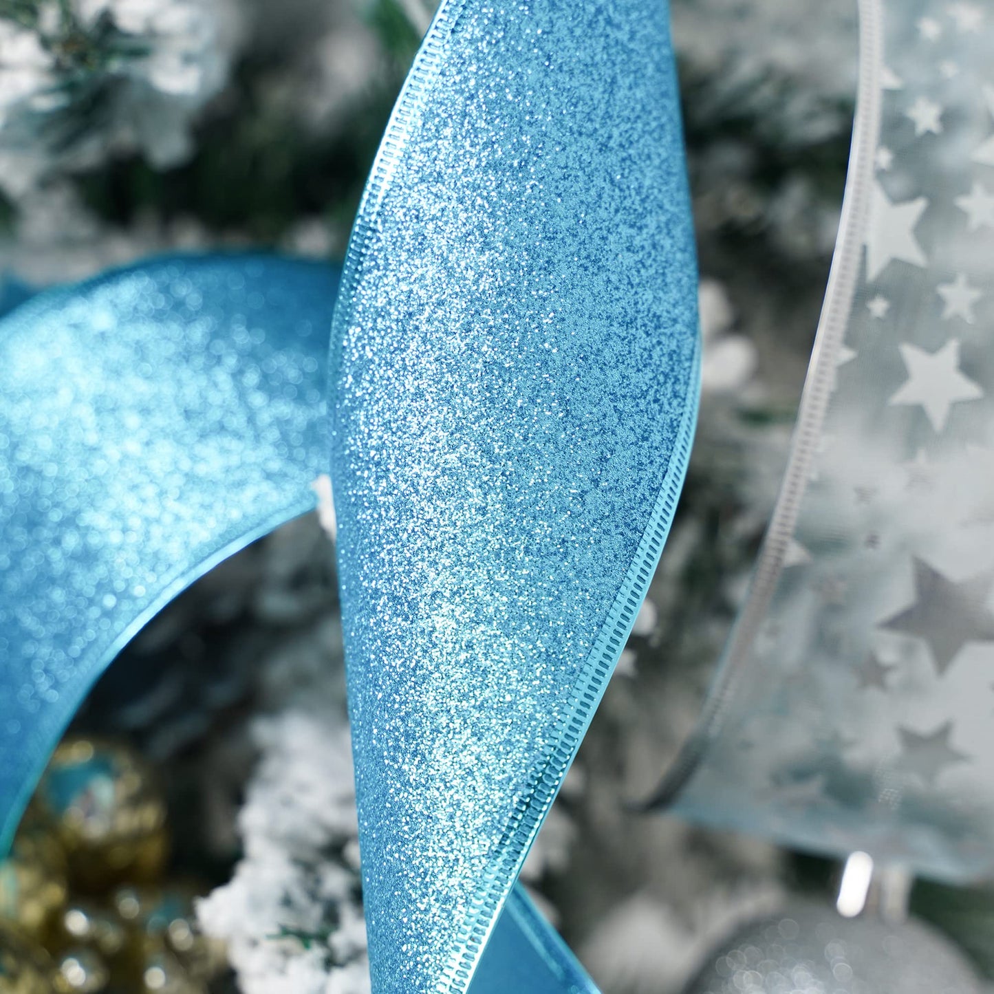 MEEDEE Turquoise Christmas Ribbon - 2.5 Inch, 6 Rolls, 36 Yards - Blue & Silver for Christmas Tree