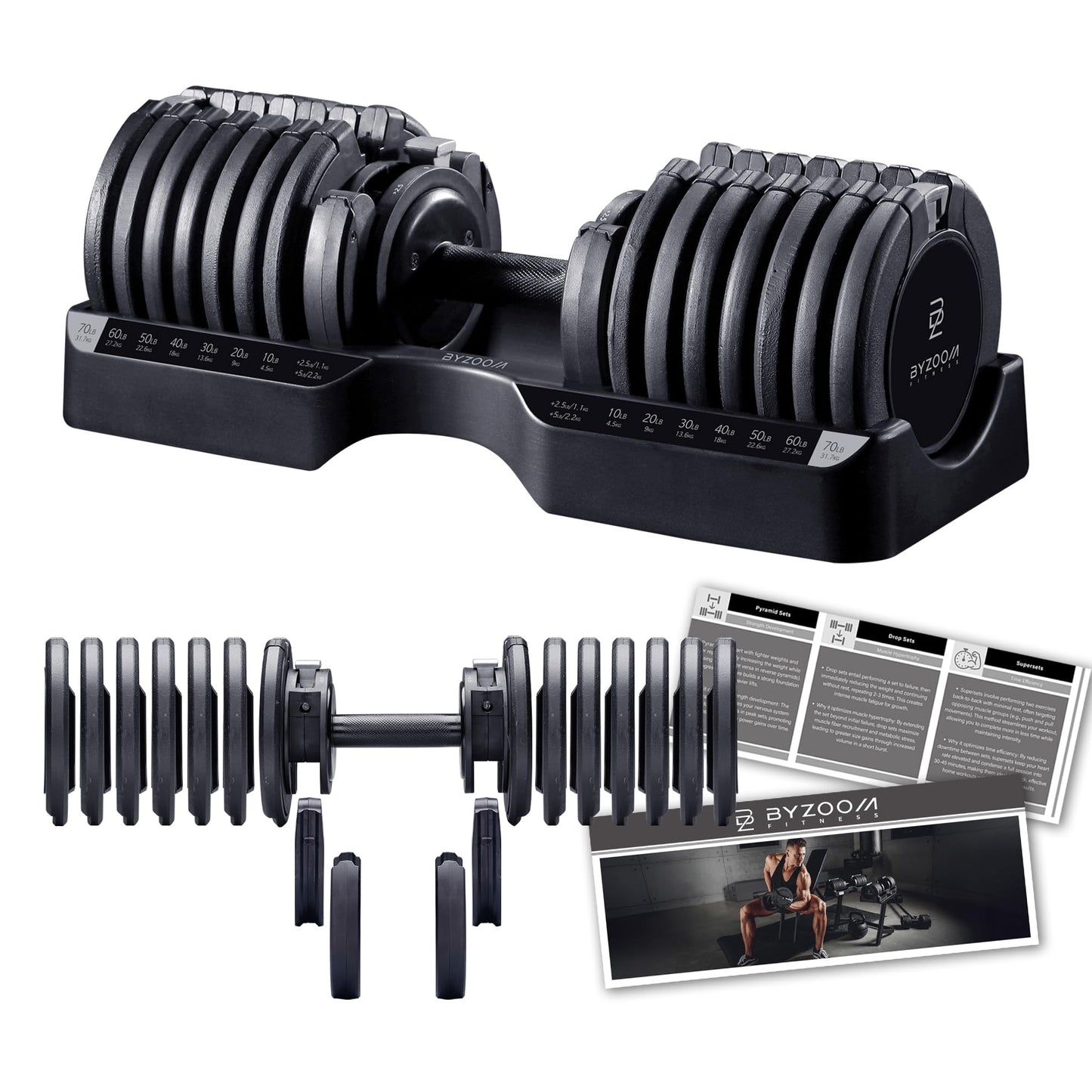 BYZOOM FITNESS Pure Series 75LB Adjustable Dumbbell SINGLE UNIT - 21-in-1 Flexible Hand Weights with Precision Micro Plate for Harcore Users Home Gym, Strength Training & Fitness Workouts, Black