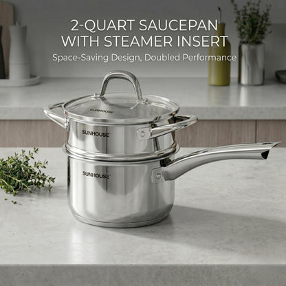 SUNHOUSE Stainless Steel Sauce Pan with Lid - Tri-Ply 2 Quarts Steamer for Cooking, Small Cooking Pot with Steamer Basket, Induction Compatible Steam Pot for Vegetable