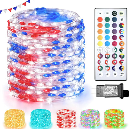 200 66 35 4th Lovelite LED Fairy Lights Color Changing, FT Colors of July Fairy Lights with Remote, Red White and Blue
