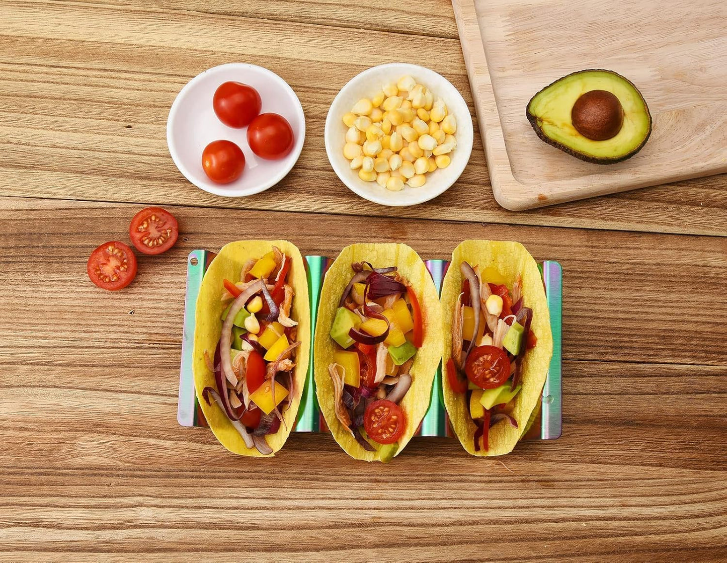 ARTTHOME. Taco Holder Set of 4 Titanium Plated – Taco Stand for 3 Tacos, Soft Taco Shell Holder, Vibrant Tray for Tacos, Burritos, Nachos & Fajitas – Sturdy & Stylish Design (AT-2021419-TH-2)
