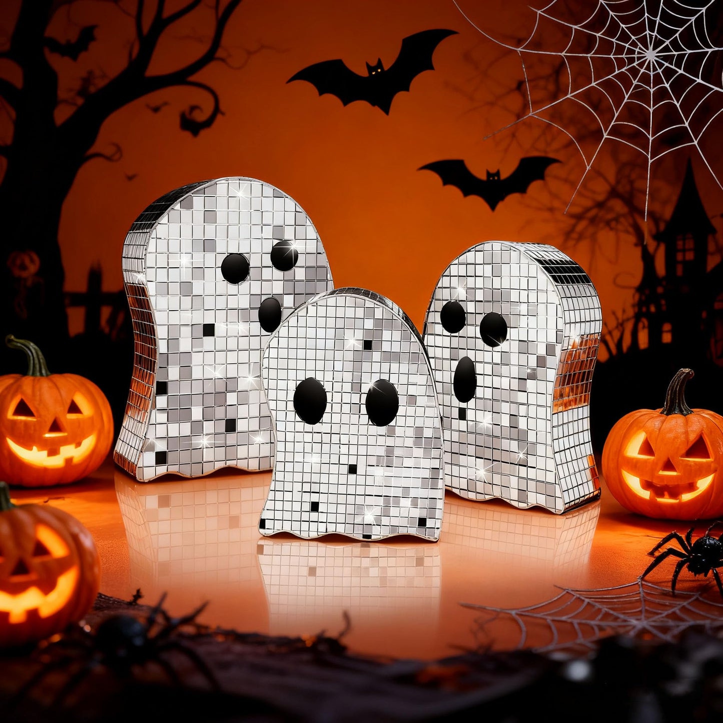 3 Pcs Halloween Disco Ghost Decor,5.9" 7" 8.2" Ghost Mirror Disco Ball Indoor Glitter Spooky Ghost Sign Halloween Tiered Tray Decor Mosaic Table Centerpiece for Party Gift (Silver)