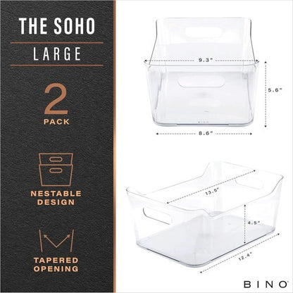 BINO Large Clear Plastic Storage Bins - 2 Pack | Pantry & Fridge Organizer | Kitchen Cabinet Solution