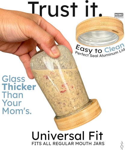 16 oz 4 pack Premium Overnight Oats Containers with Bamboo Lids and Golden Spoons - Glass Jars - - Plastic Free