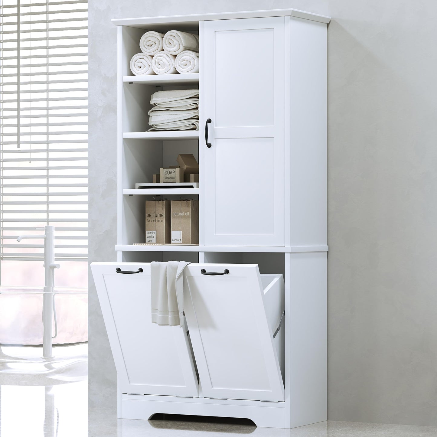 68" Tall Bathroom Storage Cabinet with One Door and Two Laundry Hampers for Home Display Organizer, Adjustable Shelf, White