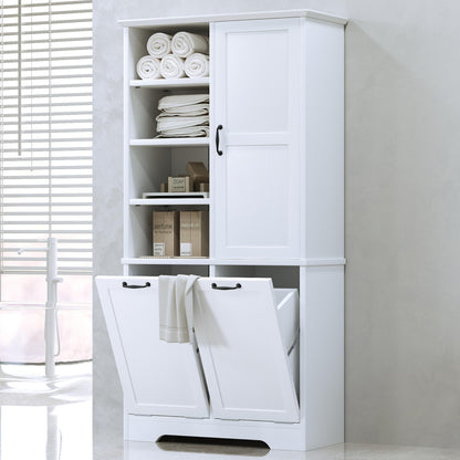 68" Tall Bathroom Storage Cabinet with One Door and Two Laundry Hampers for Home Display Organizer, Adjustable Shelf, White