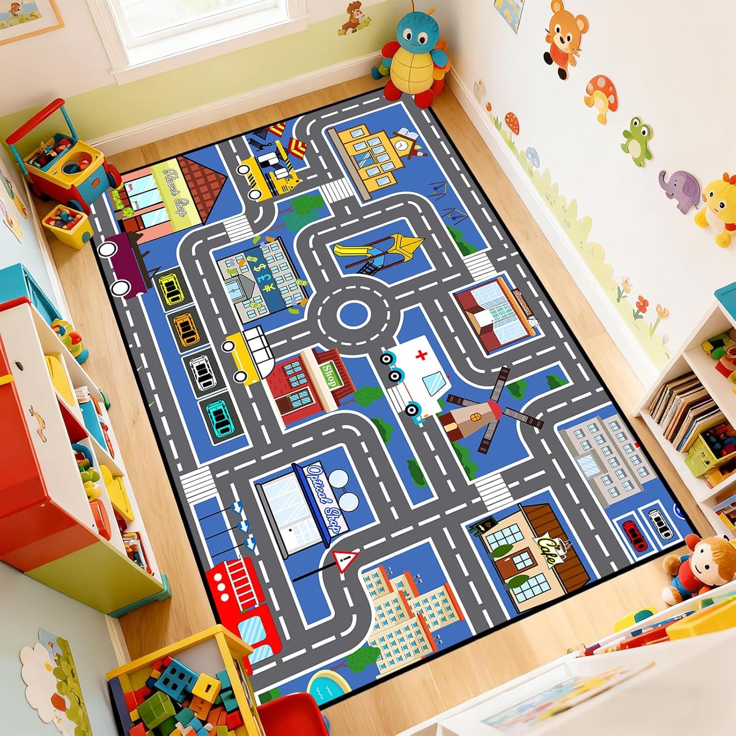 3'5' Car Track Rug Blue Road Rug for Kids, Car Traffic Road Play Mat for Kids Room Bedroom Decor