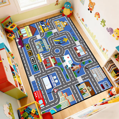 2'5''4' Car Track Rug Blue Road Rug for Kids, Car Traffic Road Play Mat for Kids Room Bedroom Decor City Carpet