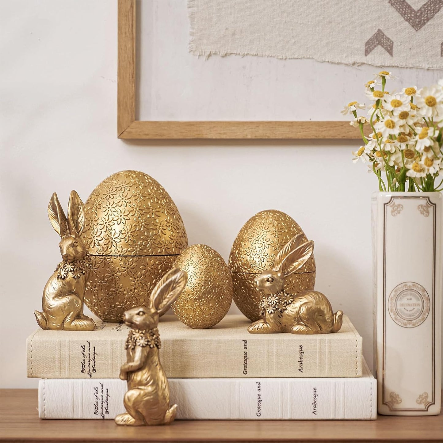 6PCS 3 3 DN DECONATION Easter Decorations with Rabbits and Nesting Easter Eggs, Small Gold Easter Bunny Figurines