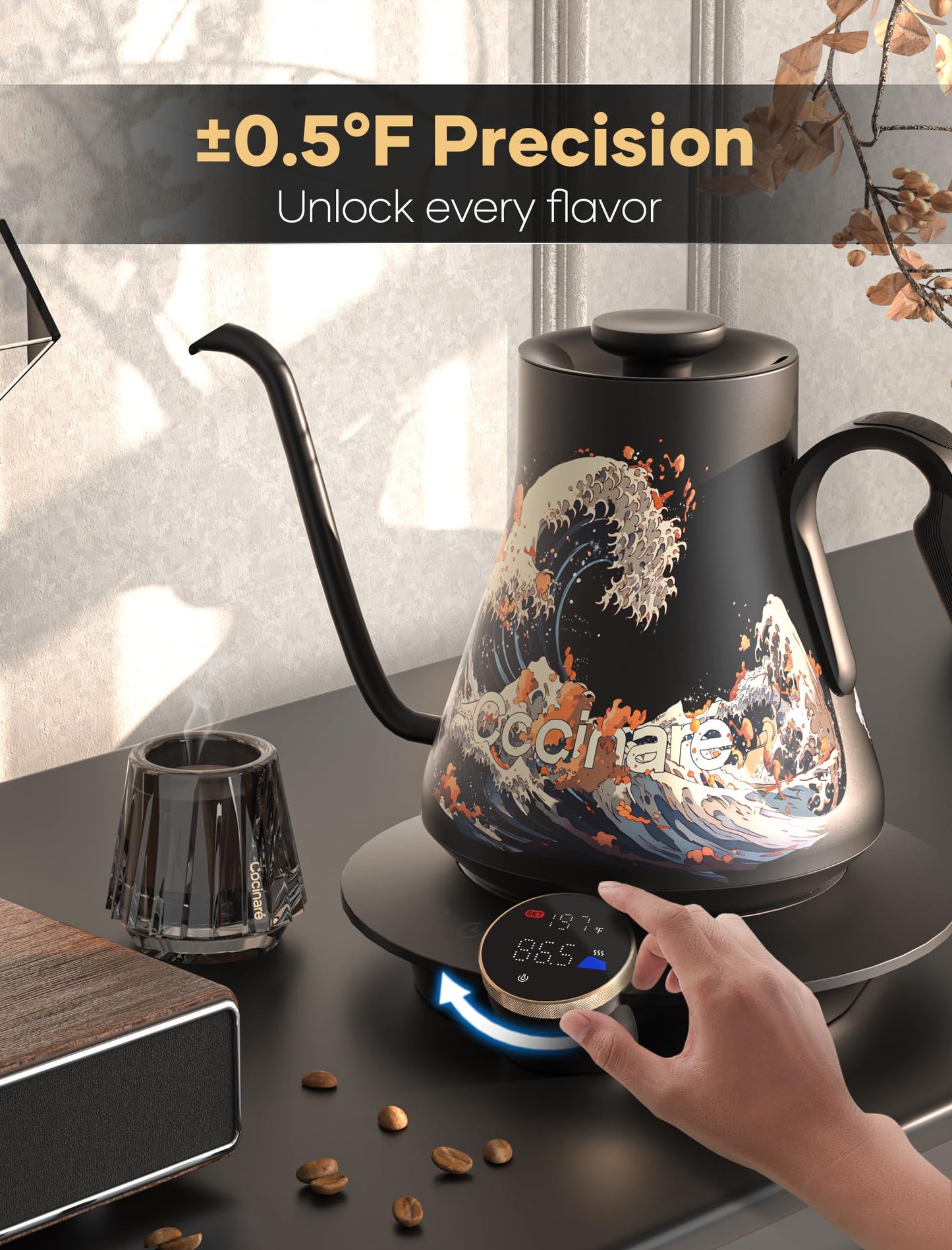Cocinare Gooseneck Electric Kettle, ±0.5°F Precise Temperature Control, 1500W Fast Heating, Pour-Over Coffee & Tea, Stainless Steel, 0.9L (Artisan Wave Design)