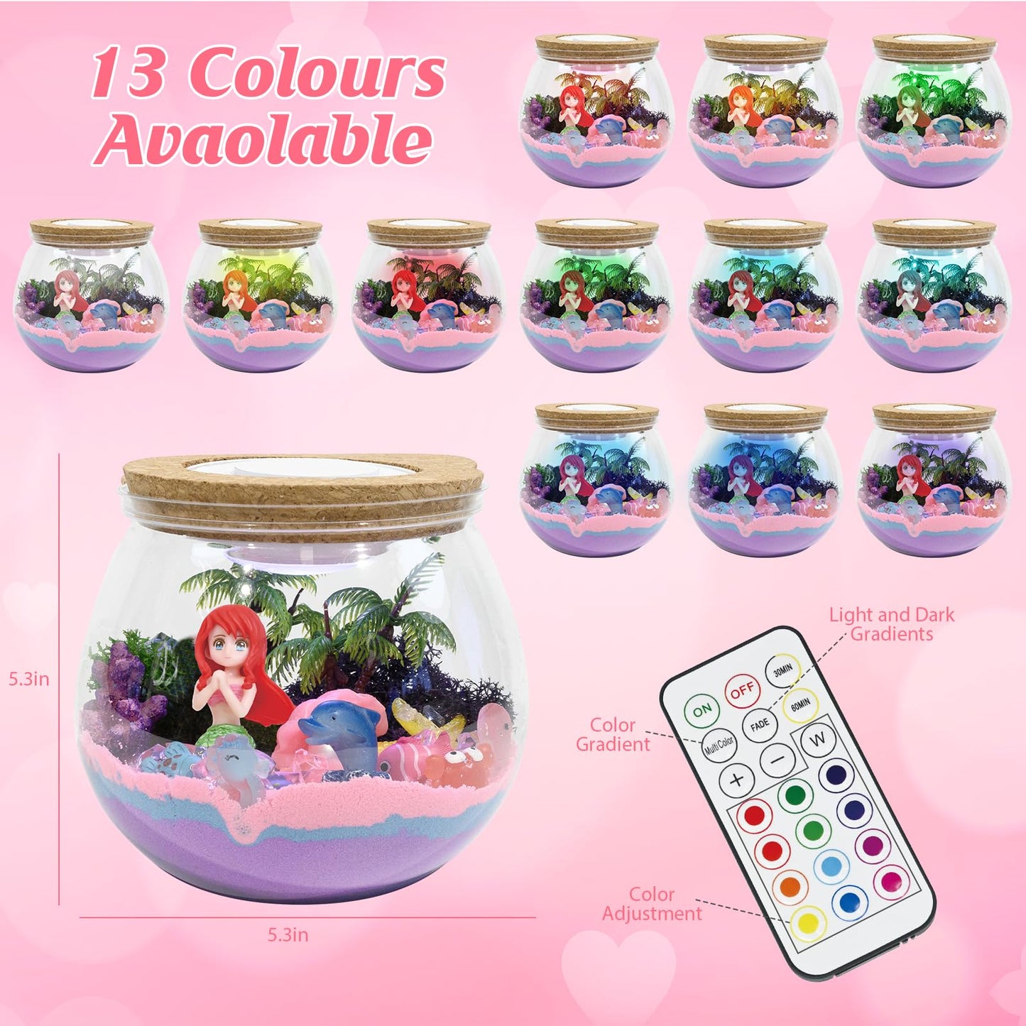 lonfypeng Mermaid Terrarium Kit for Kids - LED Night Light Birthday Gift for Girls Ages 4 5 6 7 8-12 Year Old - Toys for Girl - DIY Arts and Crafts Kit for Kids - Best Girls Presents (Mermaid)