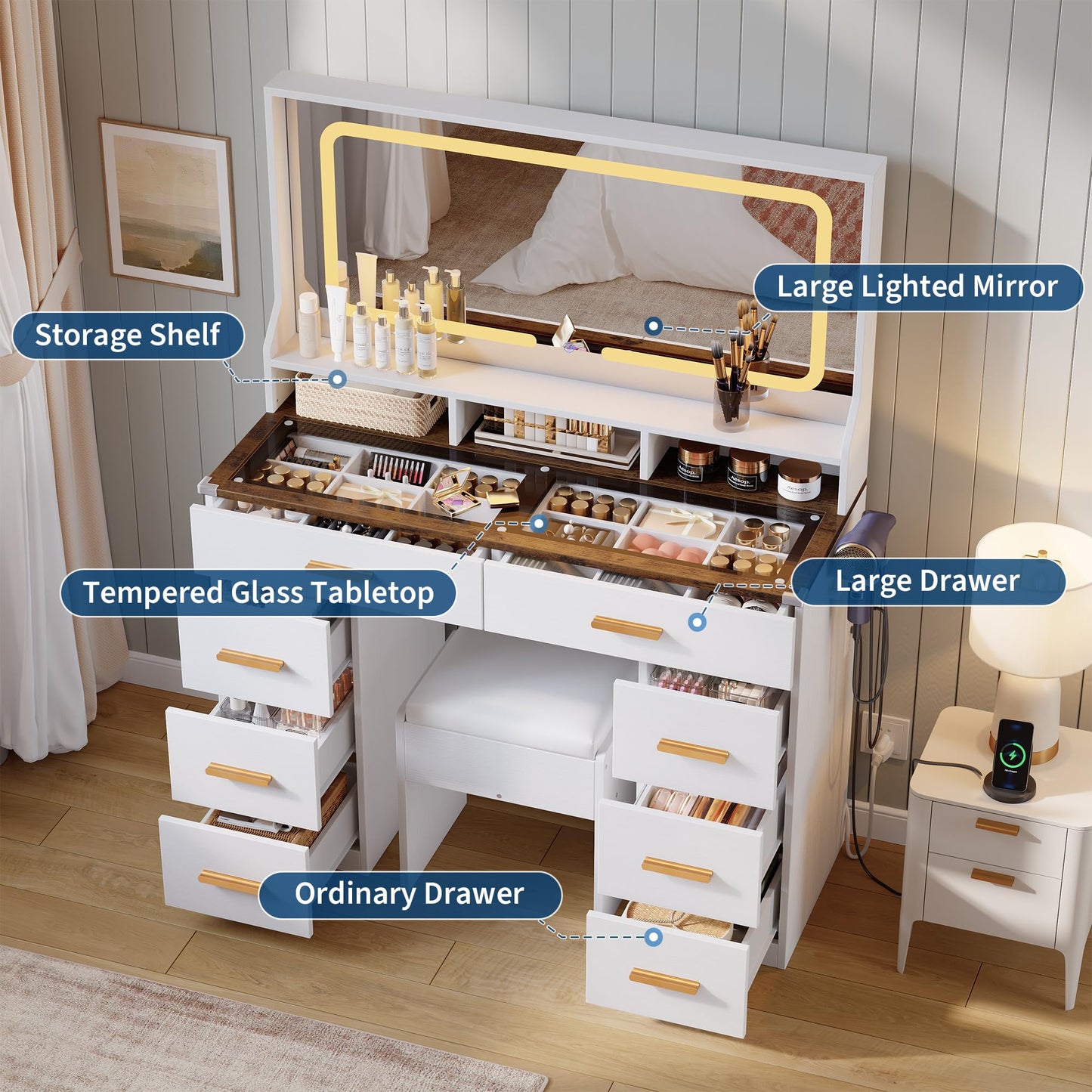 GAOMON Makeup Vanity Desk with Large Lighted Mirror, Vanity Desk with Glass Tabletop, 8 Drawers & 3 Storage Shelves, Vanity Set with Built-in Power Outlet for Bedroom & Dressing Area, White & Rustic