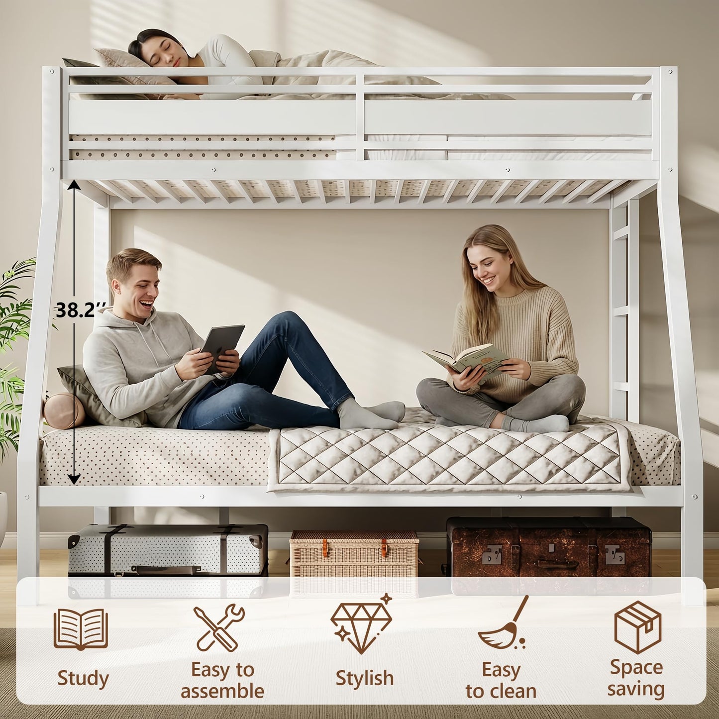 Feonase Bunk Beds Twin Over Full Size, Heavy Duty Metal Bunk Beds with Safety Guardrail & Ladders, Steel Loft Bed Frame for Teens and Adults, Apartment or Dorm, Noise Free & Easy Assembly, White