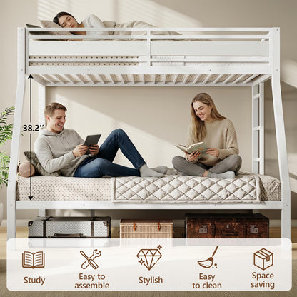 Feonase Bunk Beds Twin Over Full Size, Heavy Duty Metal Bunk Beds with Safety Guardrail & Ladders, Steel Loft Bed Frame for Teens and Adults, Apartment or Dorm, Noise Free & Easy Assembly, White