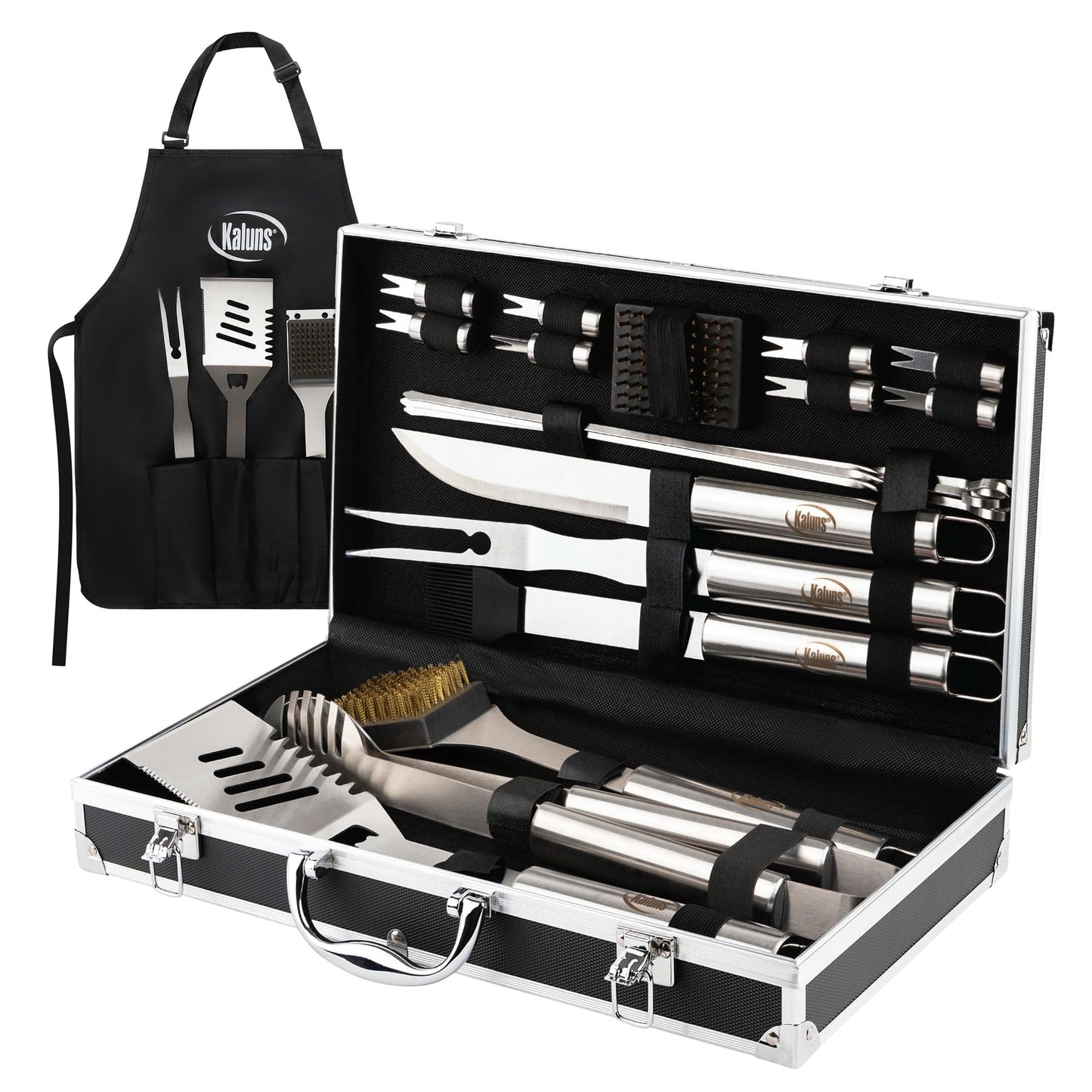 Kaluns Grilling Accessories, Dad Gifts for Fathers Day, Mothers Day Grilling Gifts, Heavy Duty Stainless Steel BBQ Tool Set for Outdoor Grill with Aluminum Case and Apron, Birthday Gifts for Men