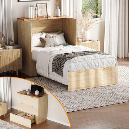 VINGLI Twin Murphy Bed with Storage Drawer,Fluted Wooden Foldable Bed Cabinet with Charging Station,Boho,Hideaway Paltform Panel Bed for Small Spaces,Guest Room,Office,Apartment,Beige
