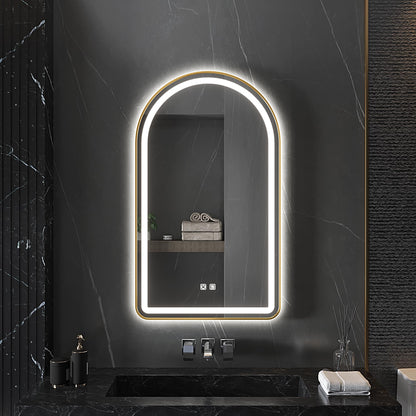 MYlovelylands 30x40 Inch LED Bathroom Arch Mirror, Gold Metal Frame, Adjustable Color Temp & Brightness,Anti-Fog,Shatter-Proof Rounded Arched Tempered Vanity Mirror for Wall