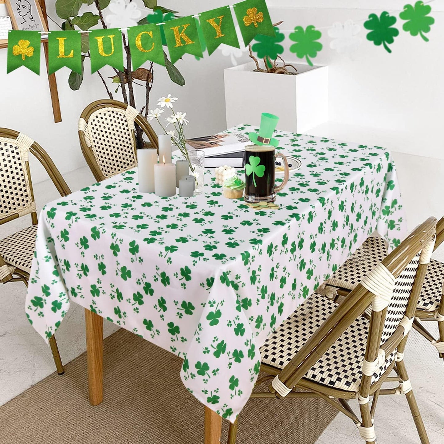 60 102 Inch, 100% 150 LUSHVIDA St.Patrick's Day Rectangle Table Cloth, x Shamrock Patterned Irish Clover Washable