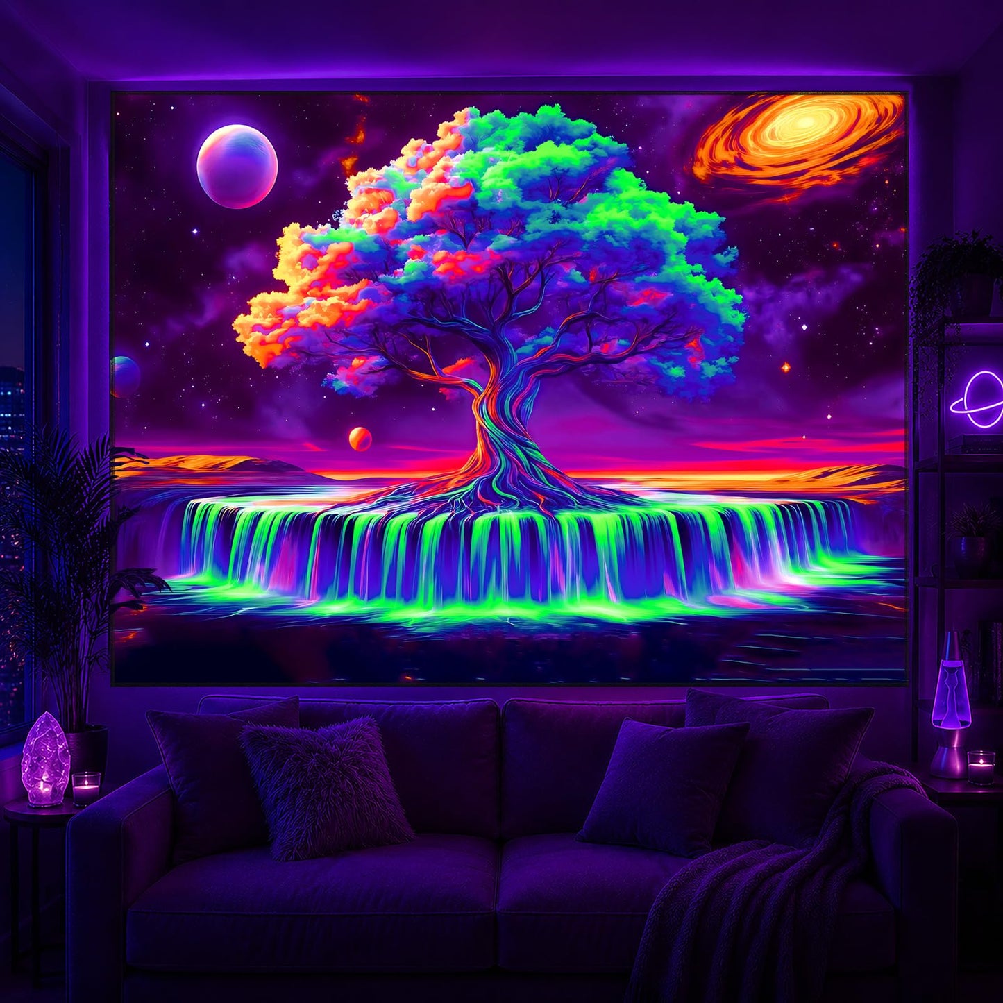 KKYEJLQYI Tree of Life Blacklight Tapestry 79"x 59" with Hanging Kit - Trippy UV Reactive Wall Hanging, Glow in the Dark Sacred Cosmic Nature Tapestry, Hippie Boho Witchy Decor for Bedroom Yoga Meditation