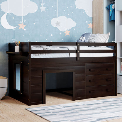 Merax Twin Wooden Loft Bed，Wood Bedframe for Kids Teens， Adults Bedroom with Cabinet, Shelf, Stairs, Espresso