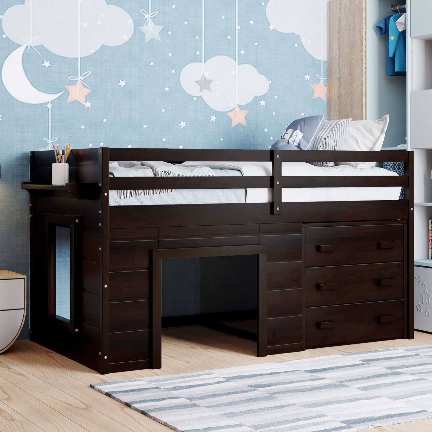 Merax Twin Size Loft Bed, Wood Bedframe for Kids Teens Adults Bedroom with Cabinet, Shelf, Stairs, Espresso