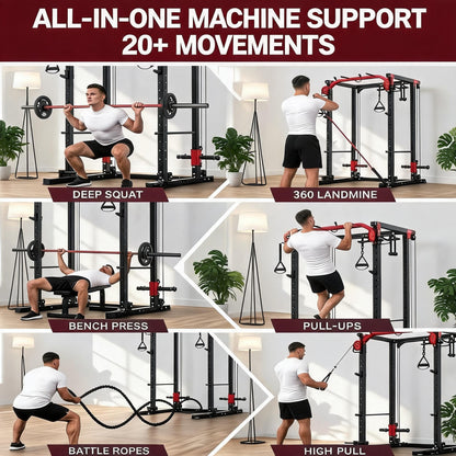 Power Cage with Dual Independent LAT Pulldown & Cable Crossover System – 2000LBS All-in-1 Home Gym, 2-User Multi-Functional Power Rack with Adjustable Dual Pulleys, Squat Rack for Garage & Home