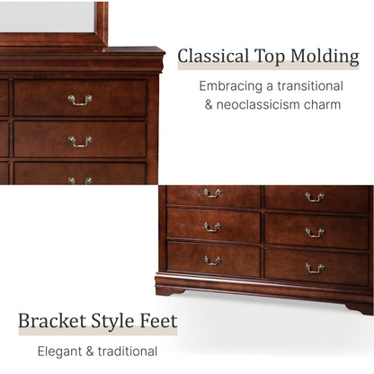 Furniture of America Louis Philippe Traditional Wooden 6 Drawer Dresser with Mirror, Vintage Bedroom Set, Accent Vanity Dressing Table with Antique Nickle Handles, Walk-in Closet, Cherry