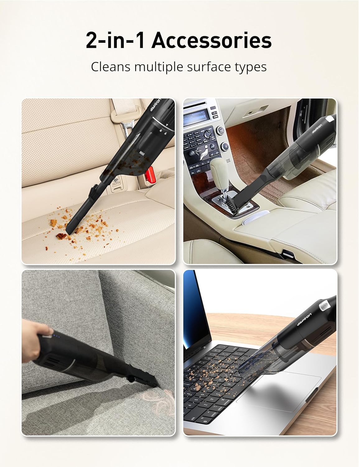 Aspiron Cordless Handheld Vacuum - 24KPA Powerful Suction, 2-Speed, Wireless Charger, Ergonomic Design, Black/Silver