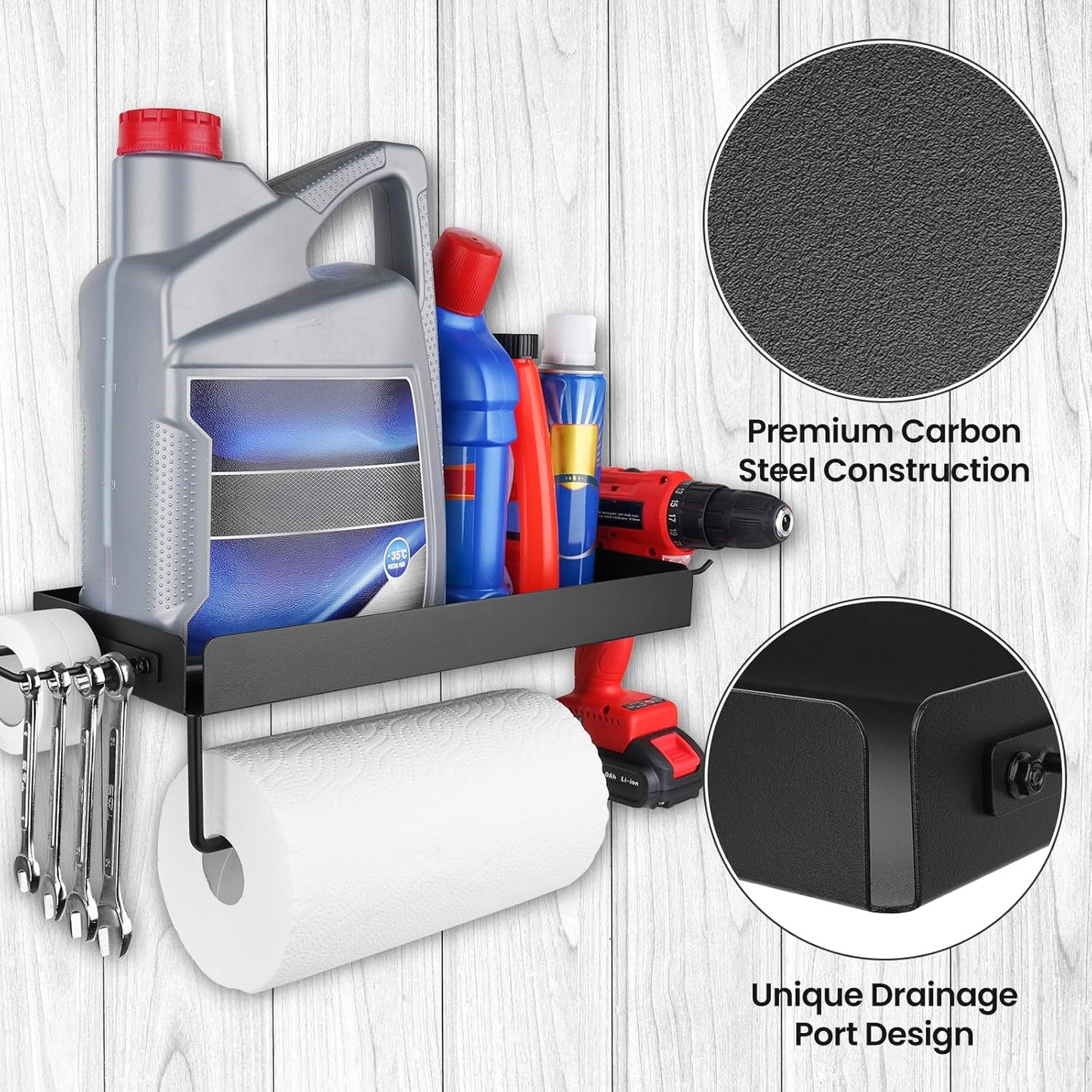Tongyuyan 2 Garage Paper Towel Holder with Shelf & Detachable Hooks - Wall Mount Shop Towel Holder & Paper Towel Holder