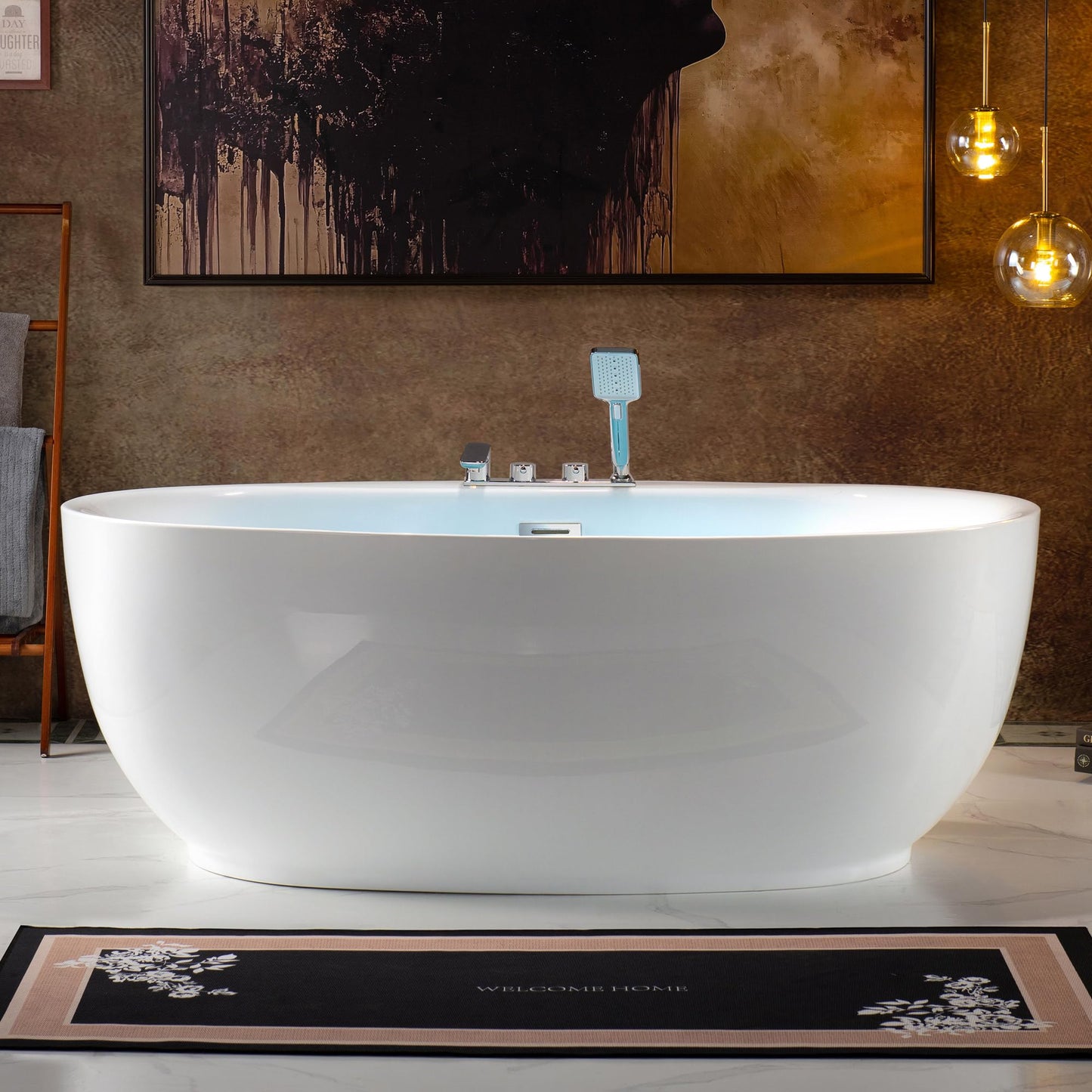 WOODBRIDGE 66" Acrylic Freestanding Bathtub Contemporary Soaking White Tub with Brushed Nickel Overflow & Drain and Faucet,B0027-BN