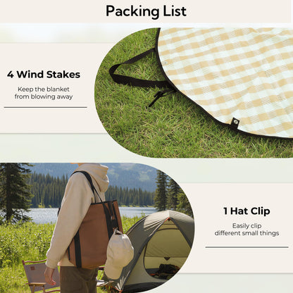 GRANNY SAYS 2-in-1 39¼”D Brown Waterproof Picnic Blankets & Tote Bag, Medium Picnic Mat for Camping, Grass, and Park, Foldable 3-Layer Outdoor Blanket, Sand-Free Beach Blanket with 1 Clip and 4 Stakes