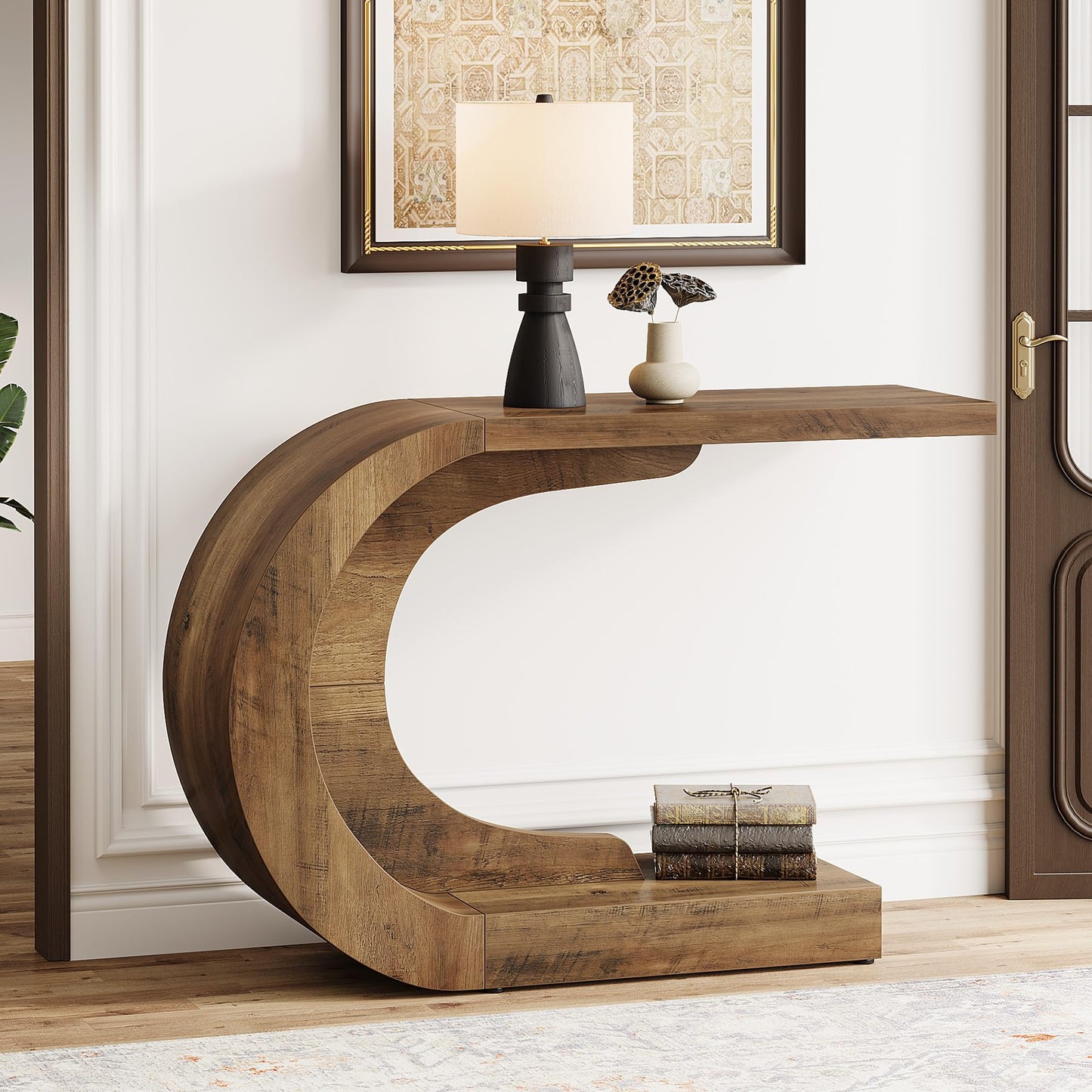 Tribesigns 43.3" Mid-Century Modern Console Table for Entryway, Wood C-Shaped Hallway Entry Accent Table for Living Room, Entrance, Foyer, Easy Assembly, Brown