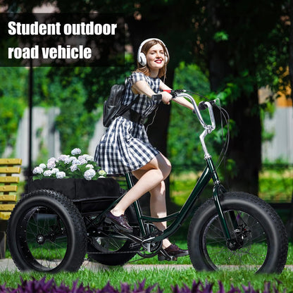Fat Tire Tricycle, Adult 7-Speed Trike with 4-Inch Tires, Adjustable Seat & 450 lbs Weight Capacity, Large Shopping Basket with Waterproof Bag, 2 Disc Brakes for Gravel & Snow Roads Black 68"*34"